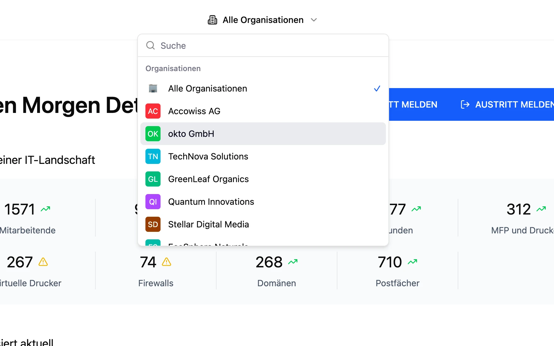 Doku: Organisationswechsel, jeder IT-Partner verwaltet mehrere Kunden getrennt in derselben Plattform