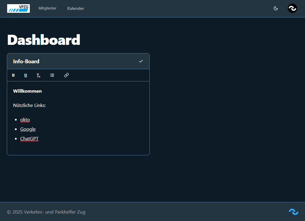 Dashboard im Dunkelmodus in der VPZG Plattform
