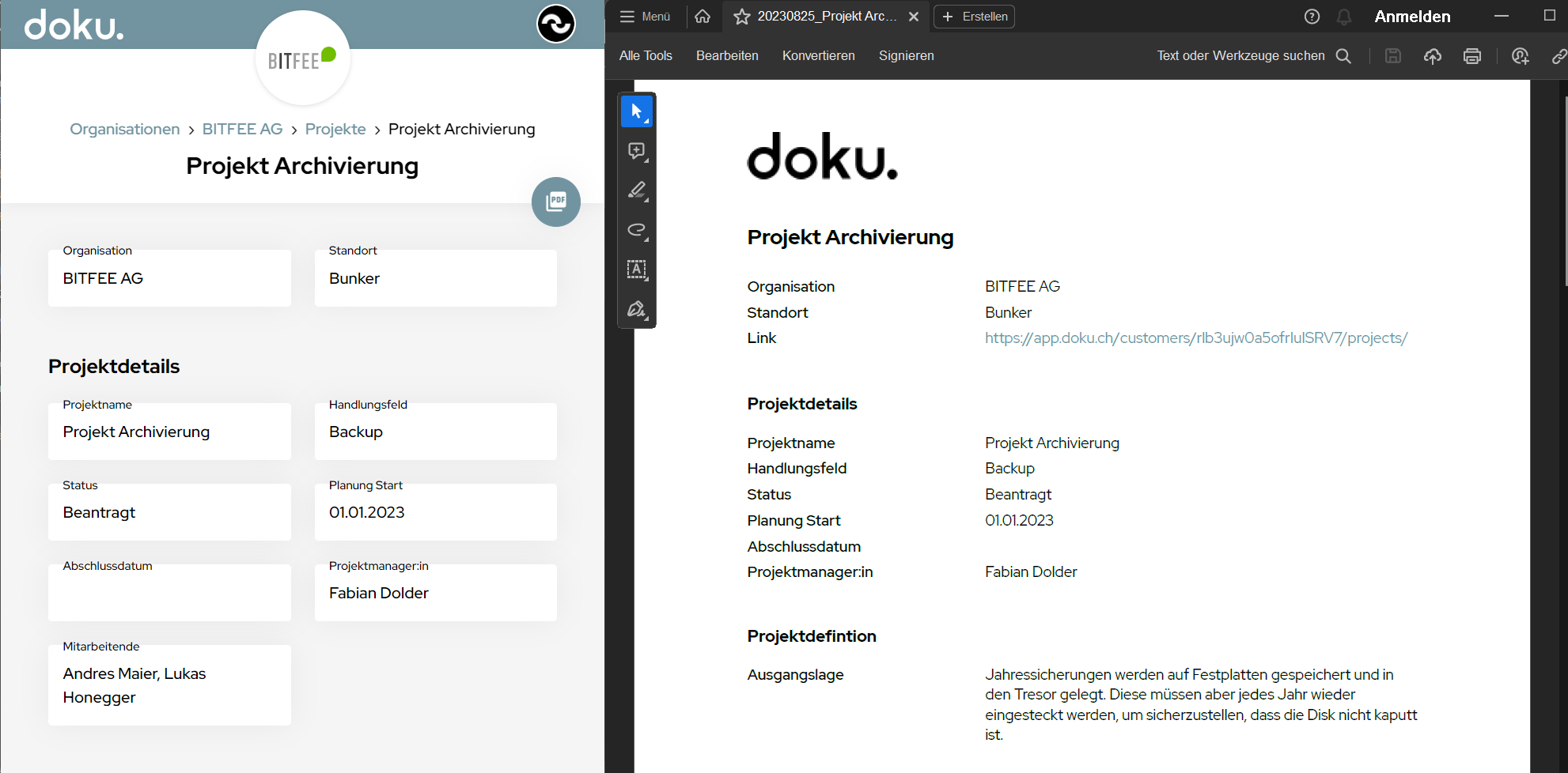 Datenexport in ein PDF oder Excel Sheet in Doku