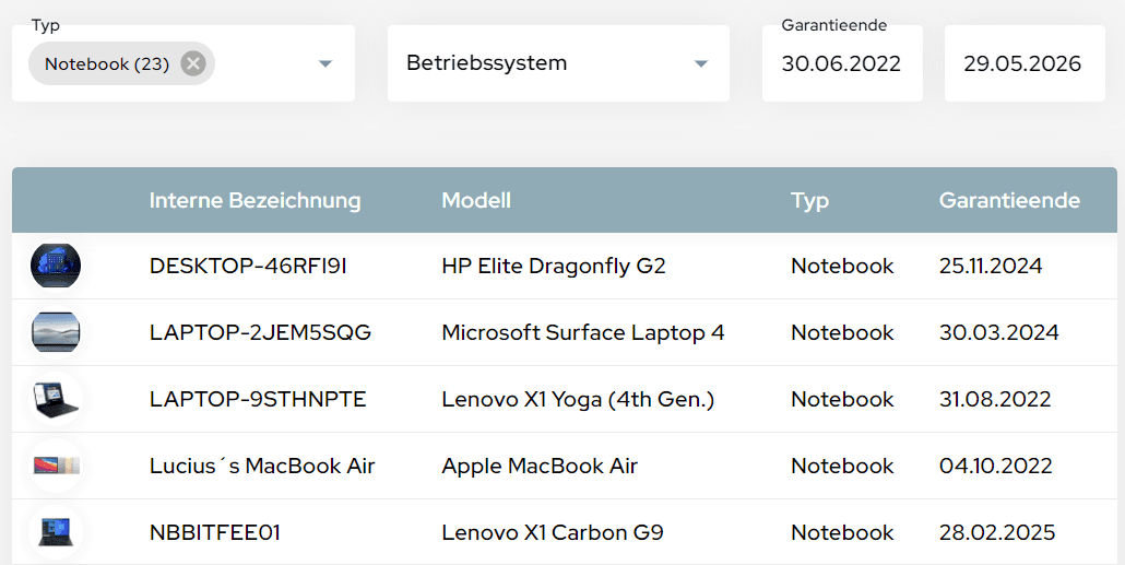 Inventarsuche mit diversen Filter- und Sortiermöglichkeiten in Doku
