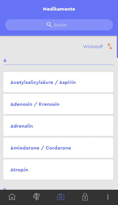 Medikamentensuche mit Sortierung nach Wirkstoff im RD Guide